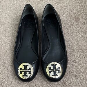 Tory Burch Black Flats with Gold Logo